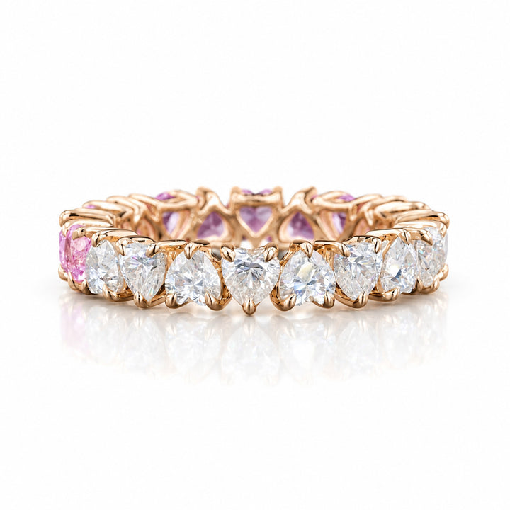 Heart Sakura Pink Sapphire & Diamond Eternity Band in 14K rose gold, front