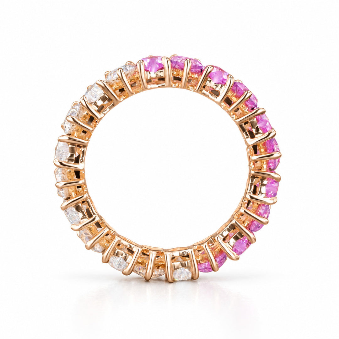 Heart Sakura Pink Sapphire & Diamond Eternity Band in 14K rose gold, profile