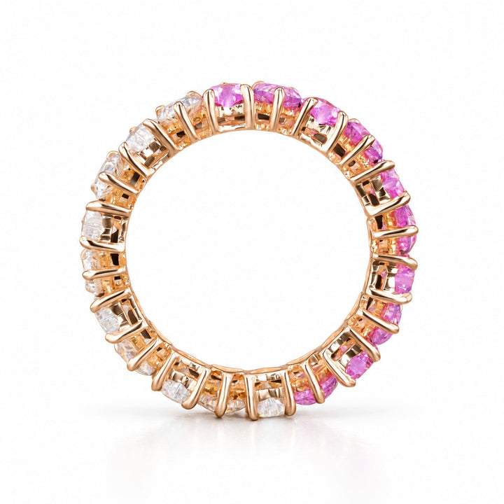 Heart Sakura Pink Sapphire & Diamond Eternity Band in 14K rose gold, profile