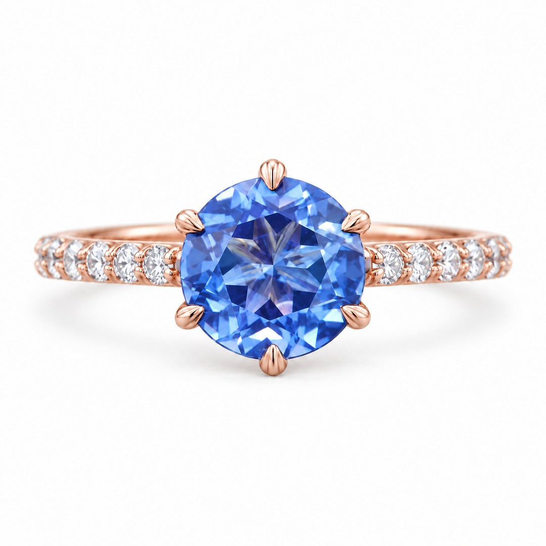 The Bluebell — Blue Round Sapphire with Floral Prongs & Diamond Half-Eternity Ring in rose gold