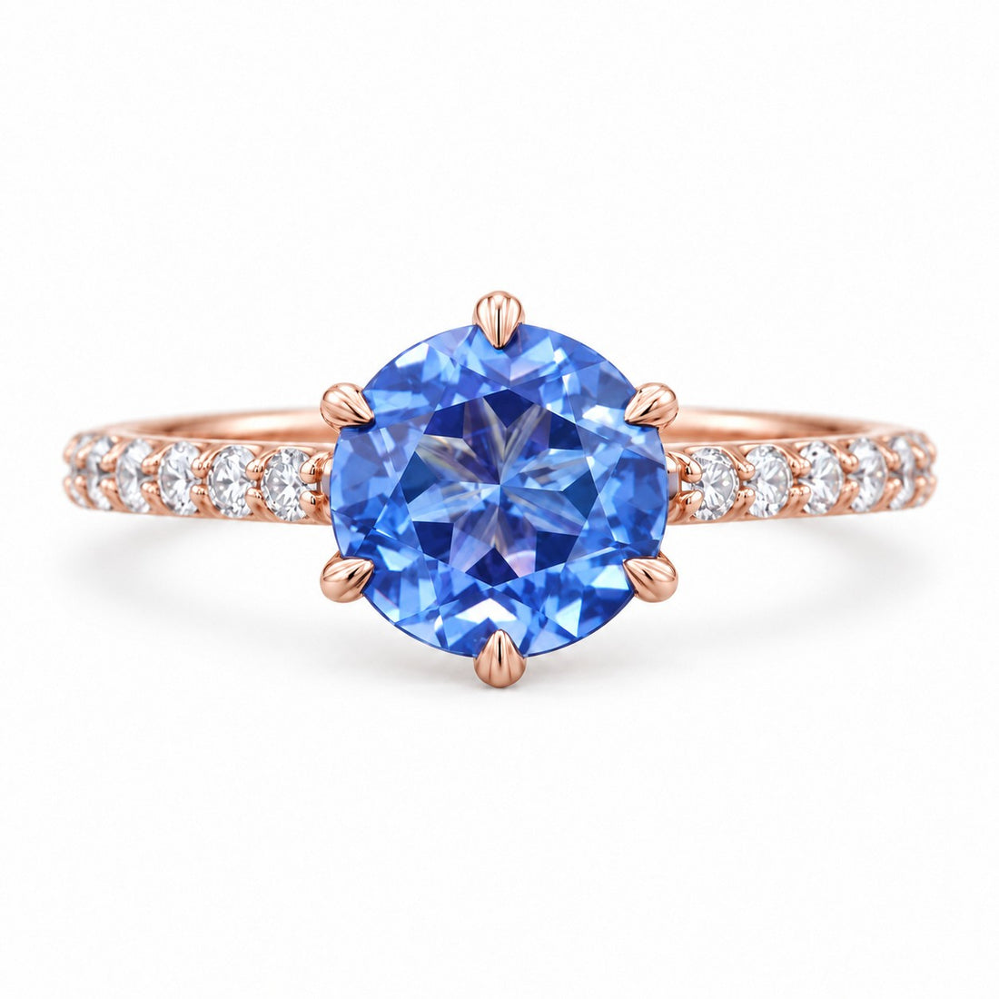 The Bluebell — Blue Round Sapphire with Floral Prongs & Diamond Half-Eternity Ring in rose gold