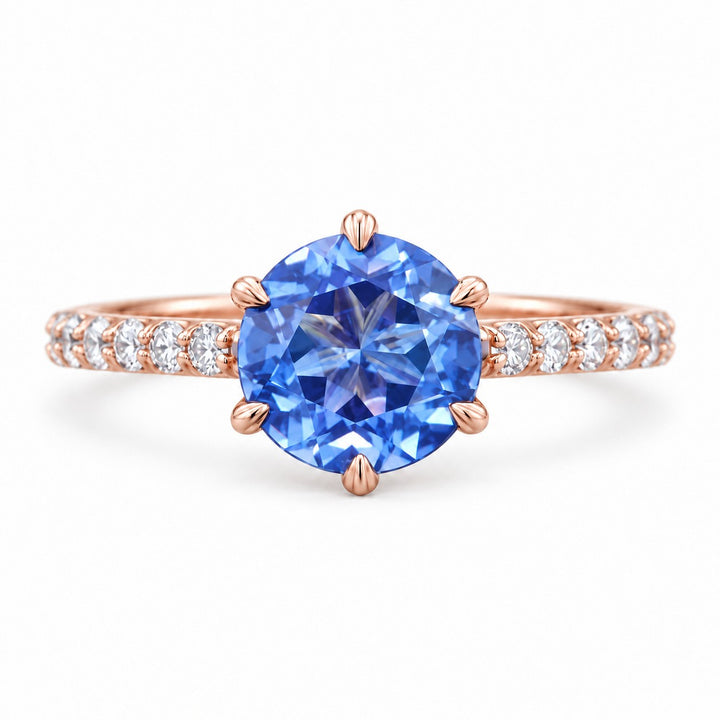 The Bluebell — Blue Round Sapphire with Floral Prongs & Diamond Half-Eternity Ring in rose gold
