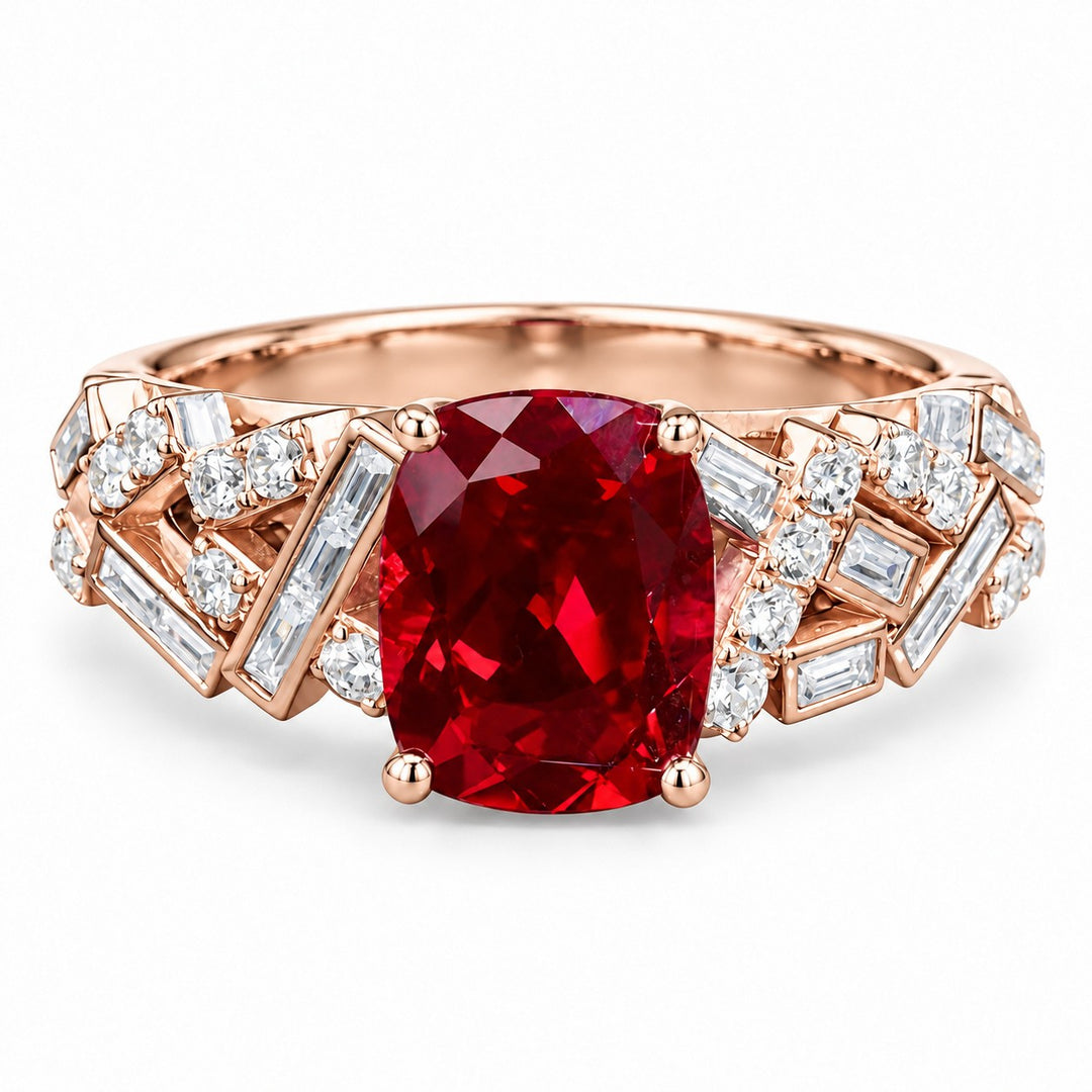 Cushion Lab Ruby Ring with Baguette & Round Diamond Band in 14K rose gold, view 1