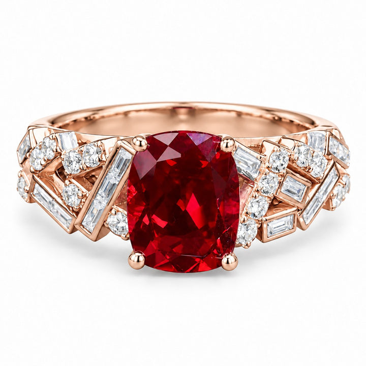 Cushion Lab Ruby Ring with Baguette & Round Diamond Band in 14K rose gold, view 1