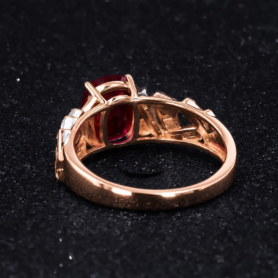 Cushion Lab Ruby Ring with Baguette & Round Diamond Band in 14K rose gold, view 2