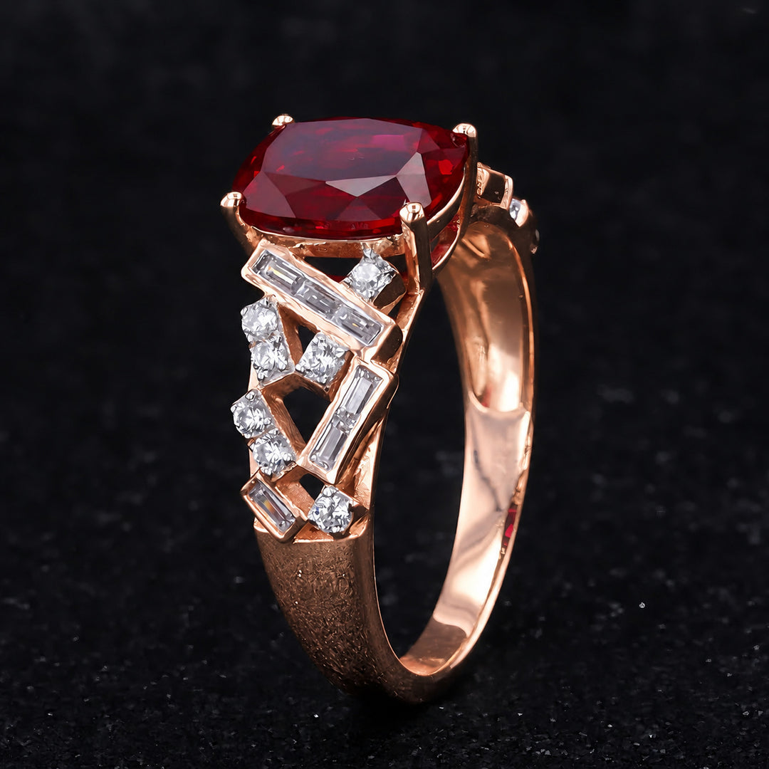 Cushion Lab Ruby Ring with Baguette & Round Diamond Band in 14K rose gold, view 3