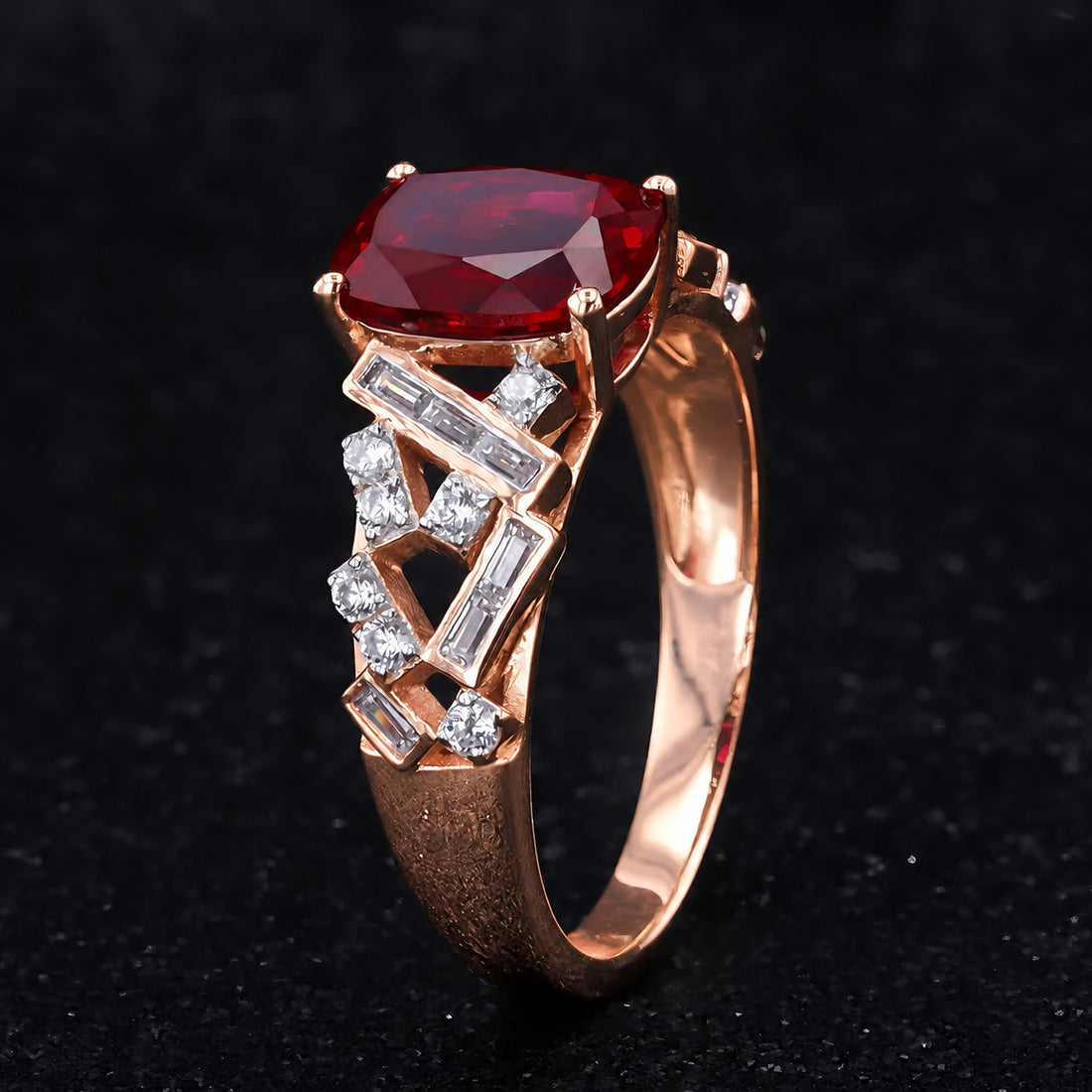Cushion Lab Ruby Ring with Baguette & Round Diamond Band in 14K rose gold, view 3