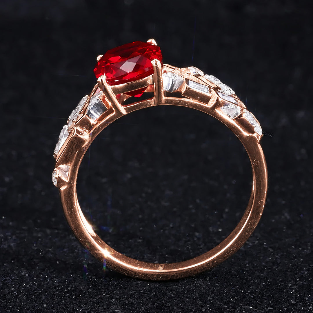 Cushion Lab Ruby Ring with Baguette & Round Diamond Band in 14K rose gold, view 4