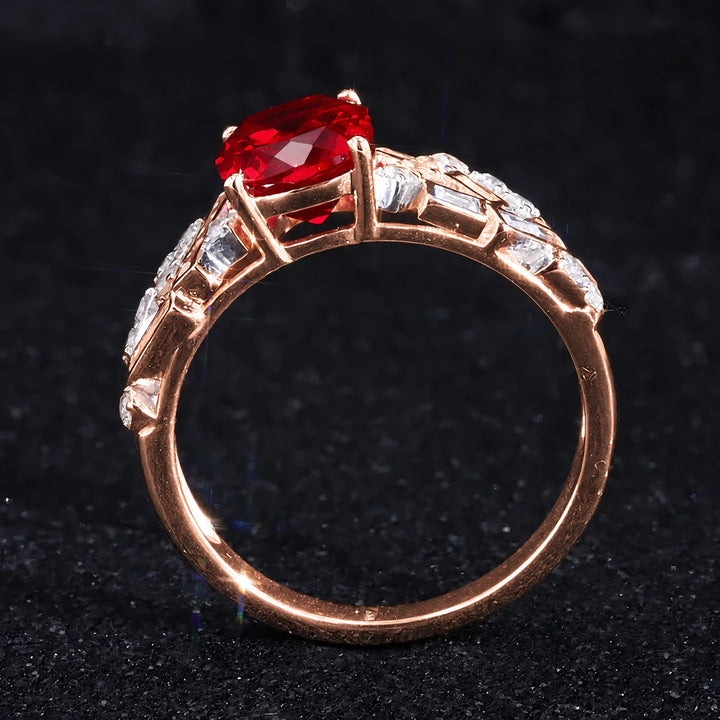 Cushion Lab Ruby Ring with Baguette & Round Diamond Band in 14K rose gold, view 4