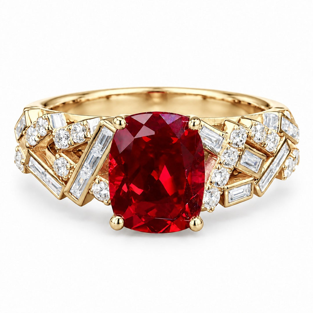Cushion Lab Ruby Ring with Baguette & Round Diamond Band in 14K yellow gold, view 1