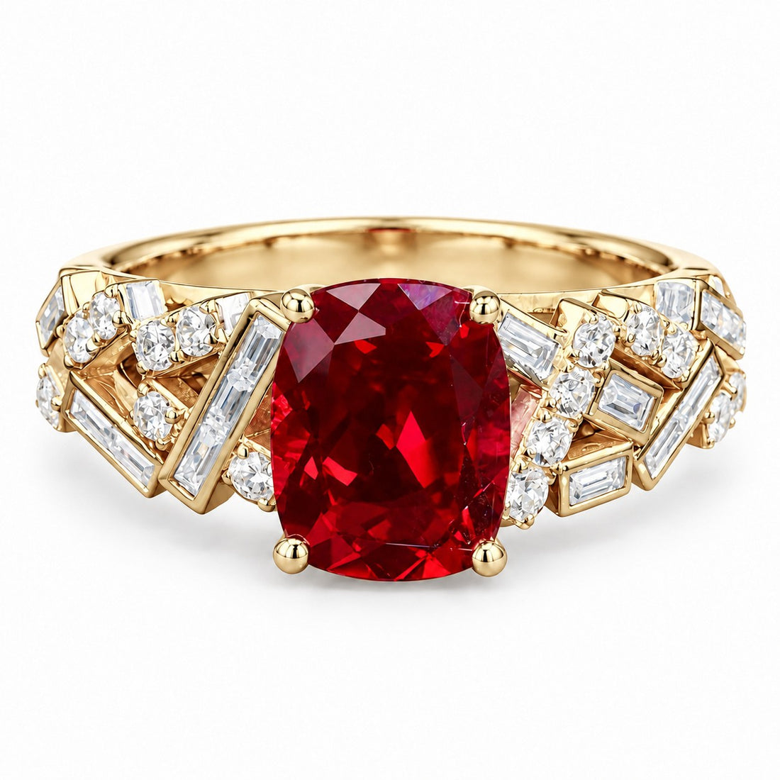 Cushion Lab Ruby Ring with Baguette & Round Diamond Band in 14K yellow gold, view 1
