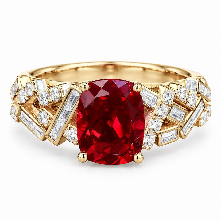 Cushion Lab Ruby Ring with Baguette & Round Diamond Band in 14K yellow gold, view 1
