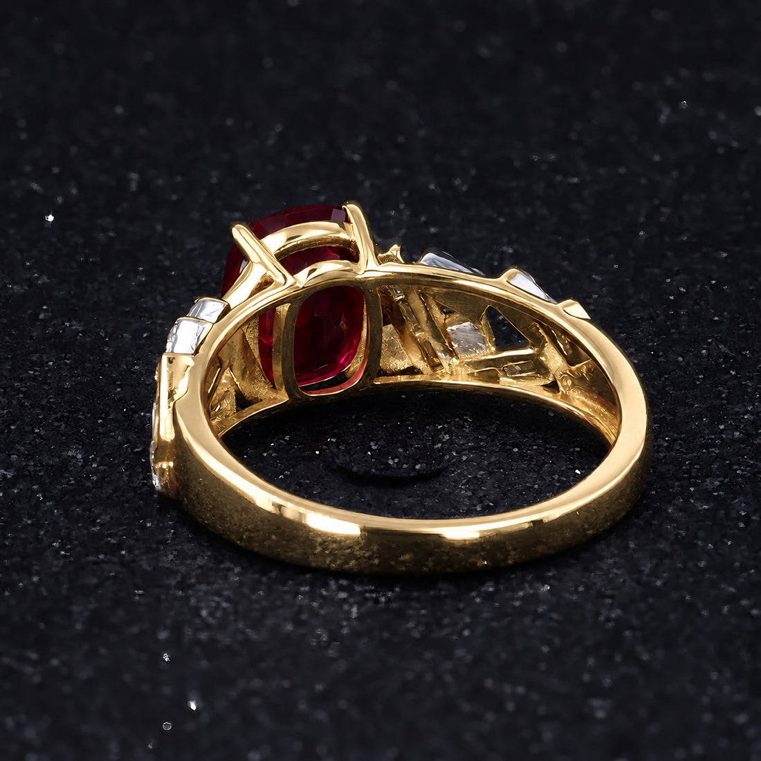 Cushion Lab Ruby Ring with Baguette & Round Diamond Band in 14K yellow gold, view 2