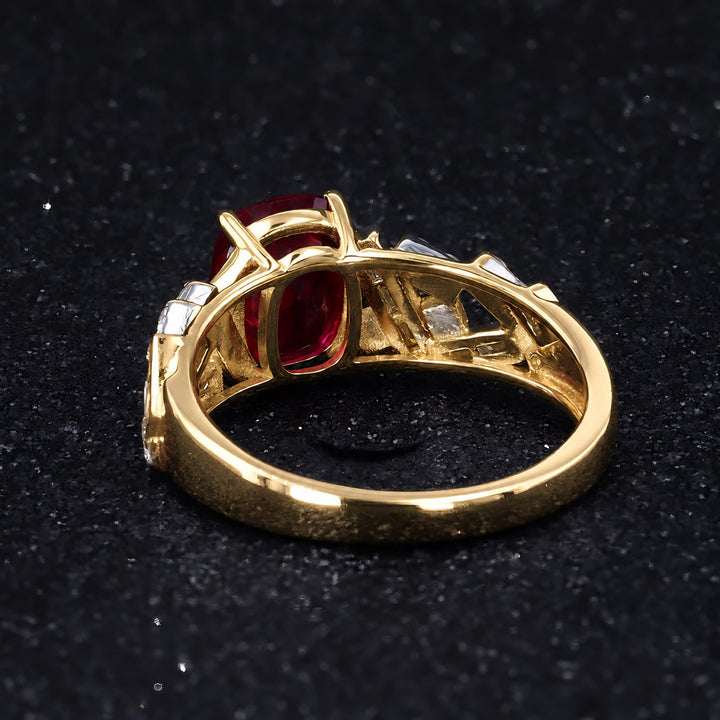 Cushion Lab Ruby Ring with Baguette & Round Diamond Band in 14K yellow gold, view 2