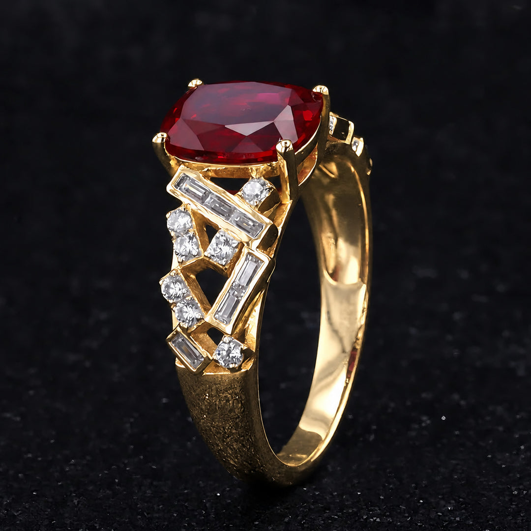 Cushion Lab Ruby Ring with Baguette & Round Diamond Band in 14K yellow gold, view 3