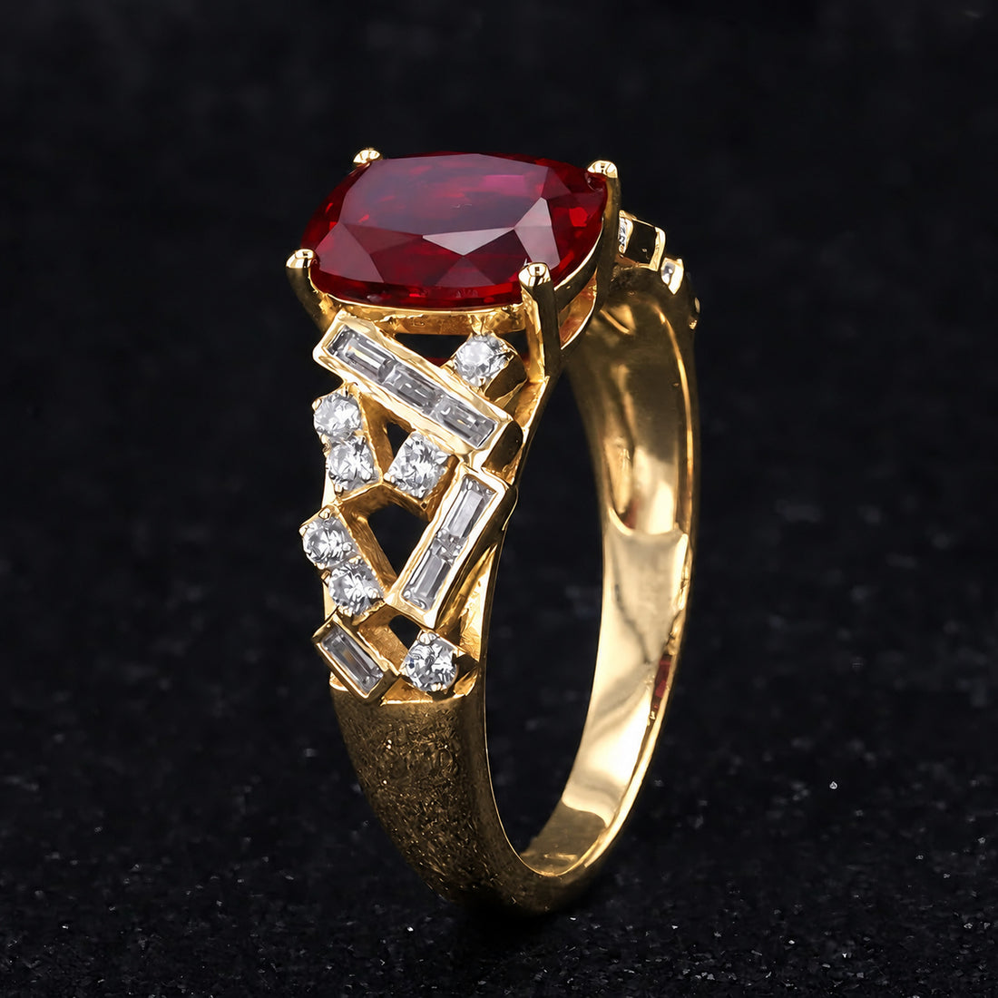 Cushion Lab Ruby Ring with Baguette & Round Diamond Band in 14K yellow gold, view 3
