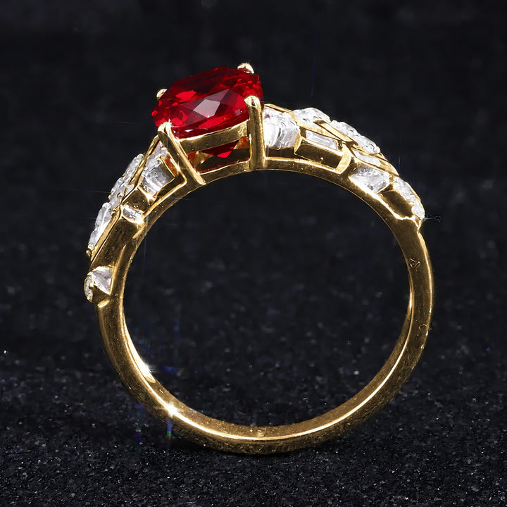 Cushion Lab Ruby Ring with Baguette & Round Diamond Band in 14K yellow gold, view 4