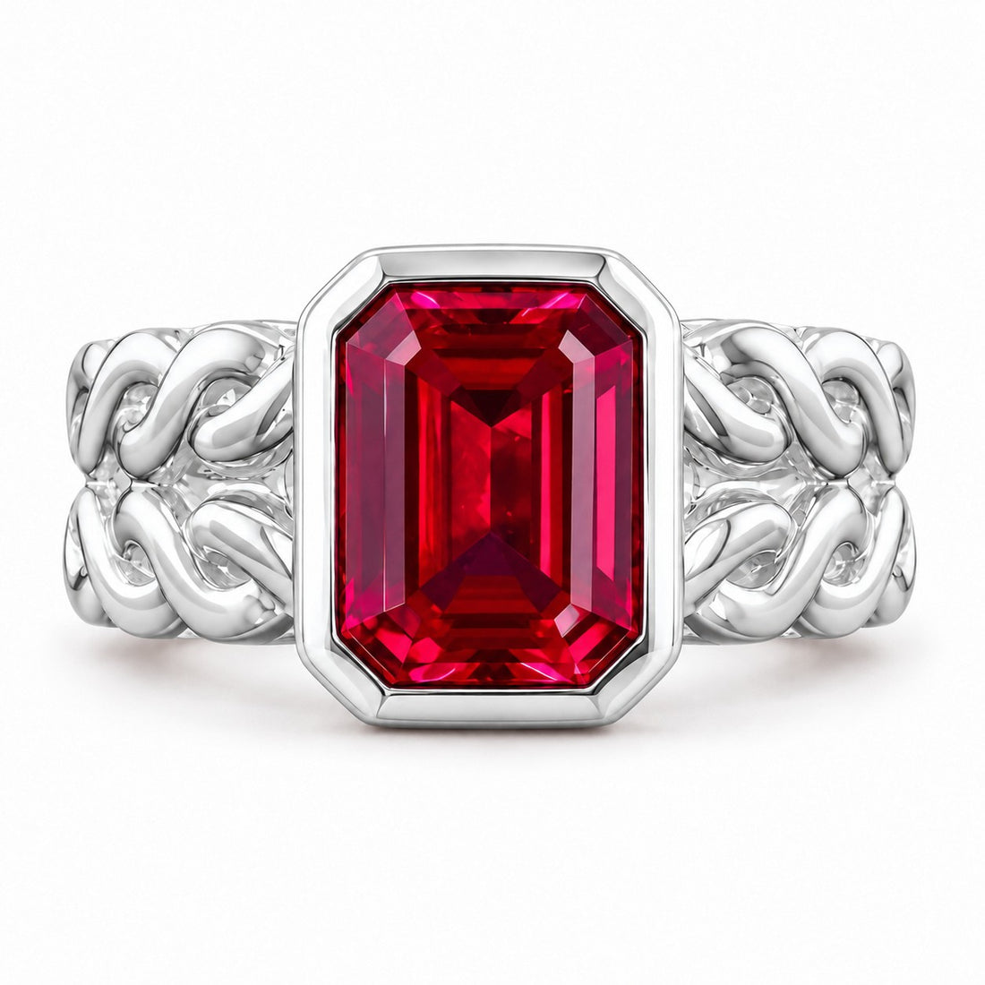 Emerald-Cut Lab Ruby Bezel Ring with Patterned Band — 8x10mm in white gold