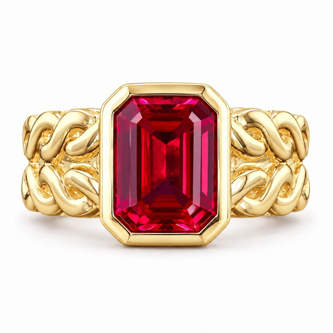 Emerald-Cut Lab Ruby Bezel Ring with Patterned Band — 8x10mm in yellow gold