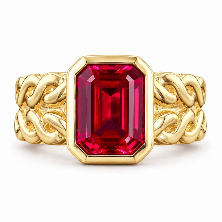 Emerald-Cut Lab Ruby Bezel Ring with Patterned Band — 8x10mm in yellow gold