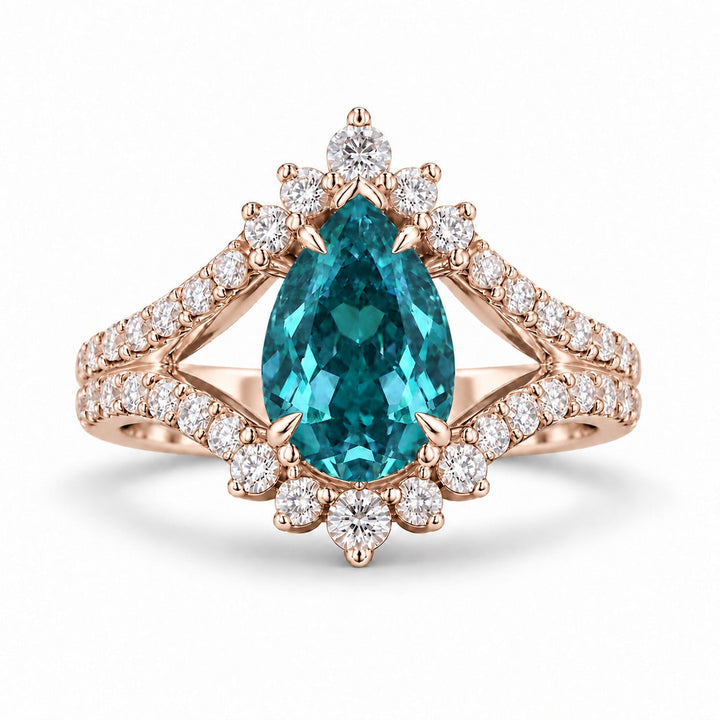 The Eye — Pear Alexandrite Diamond Ring in 14K rose gold, in daylight