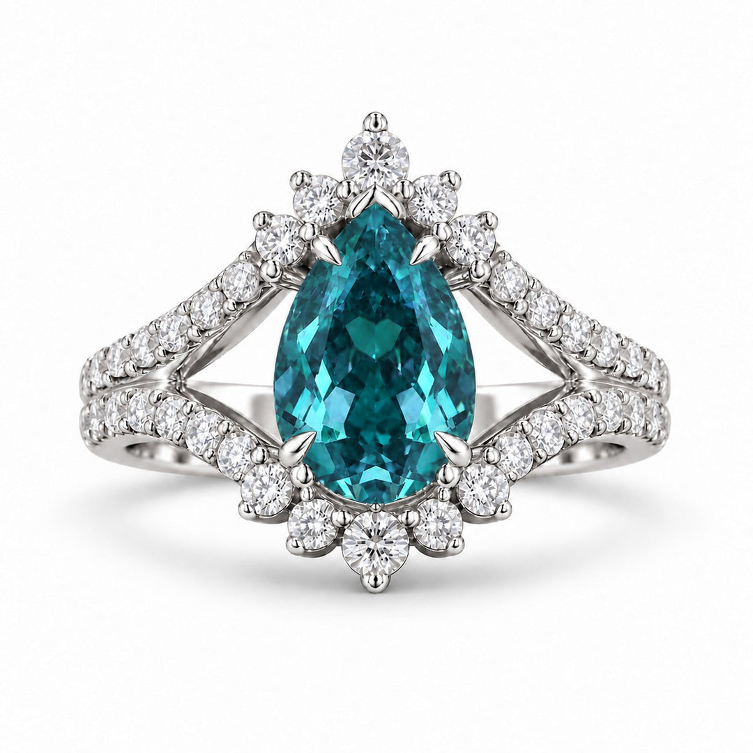 The Eye — Pear Alexandrite Diamond Ring in 14K white gold, in daylight
