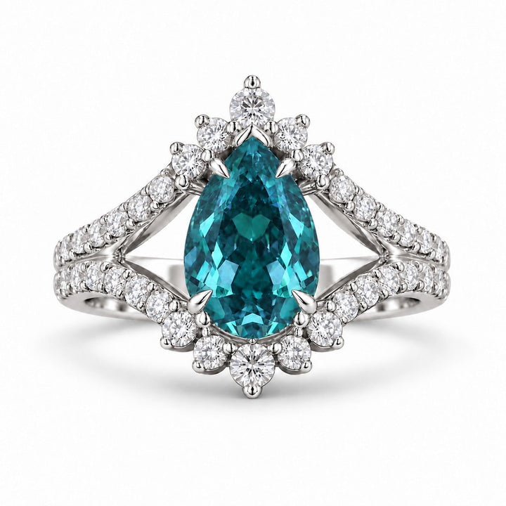 The Eye — Pear Alexandrite Diamond Ring in 14K white gold, in daylight