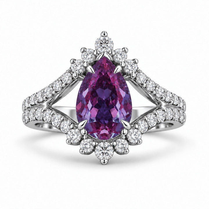 The Eye — Pear Alexandrite Diamond Ring in platinum, in warm light