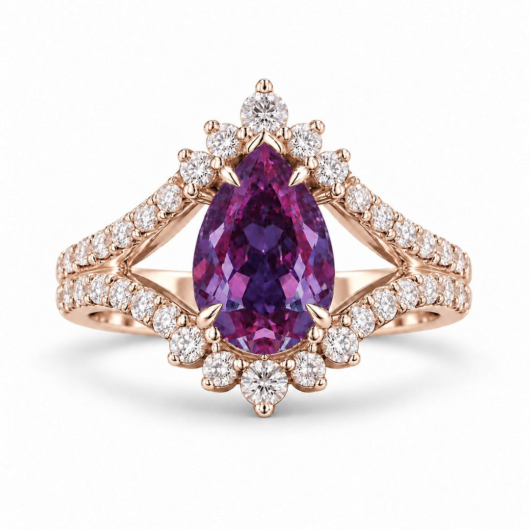 The Eye — Pear Alexandrite Diamond Ring in 14K rose gold, in warm light