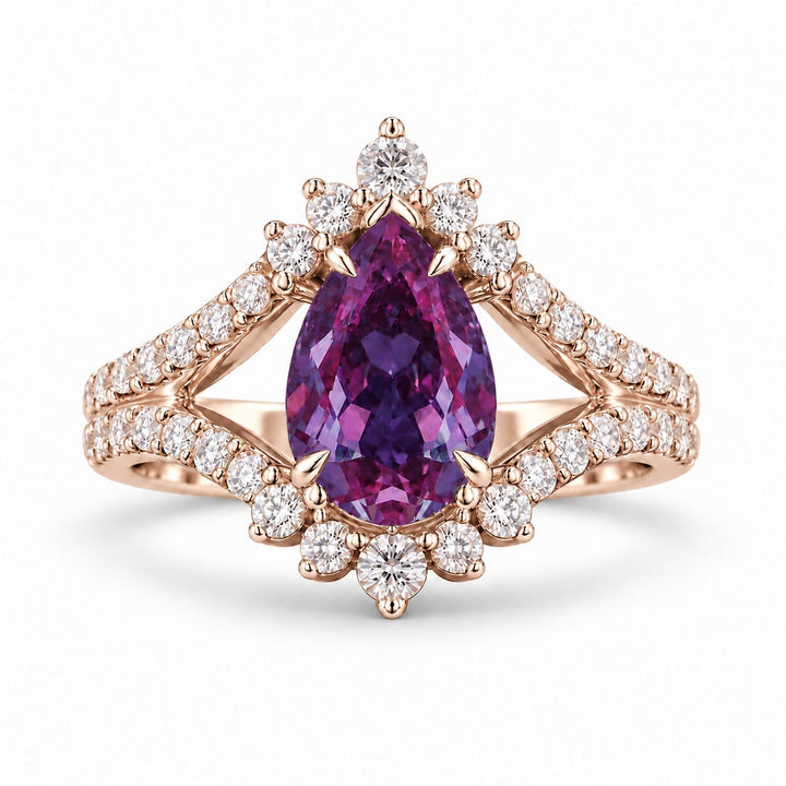 The Eye — Pear Alexandrite Diamond Ring in 14K rose gold, in warm light