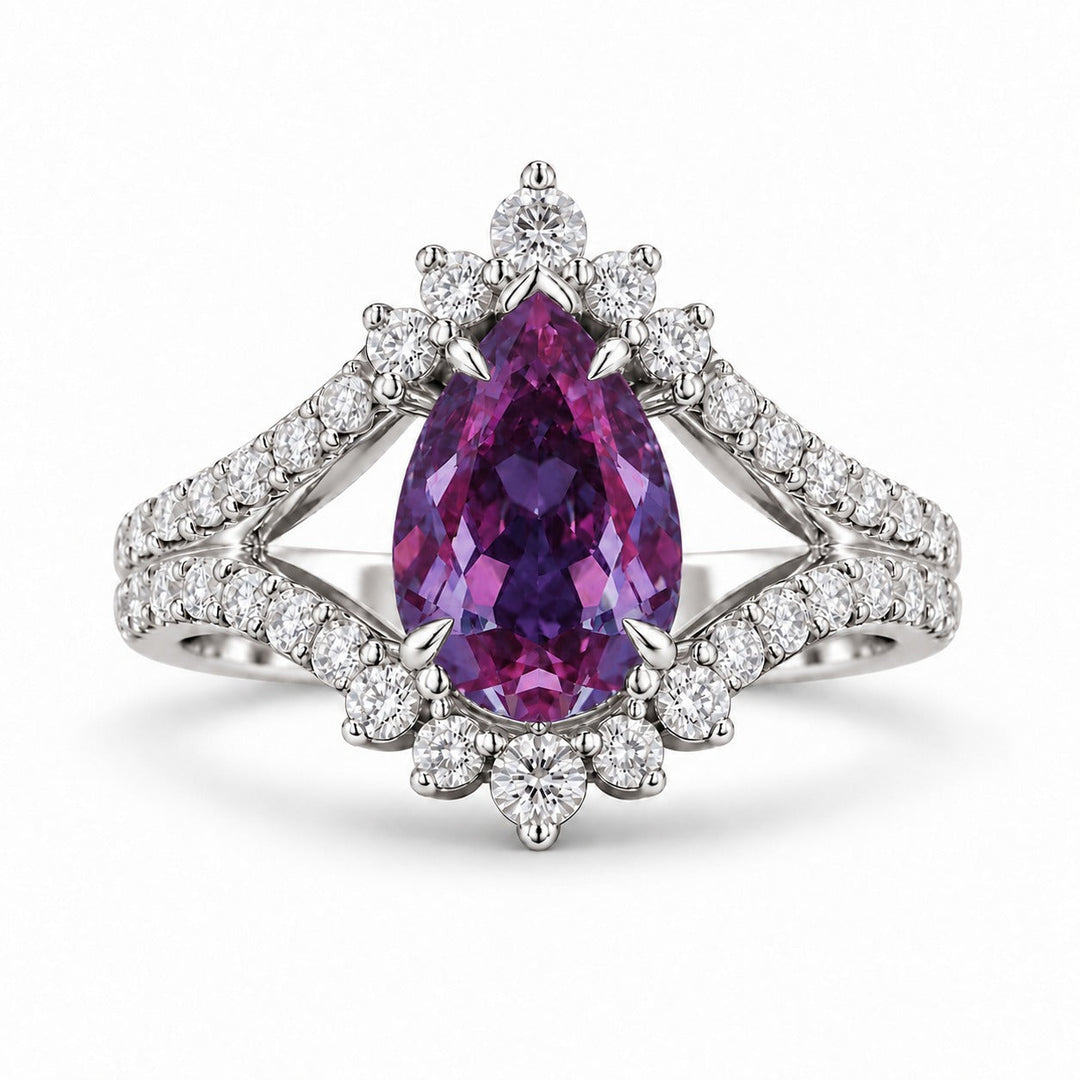 The Eye — Pear Alexandrite Diamond Ring in 14K white gold, in warm light