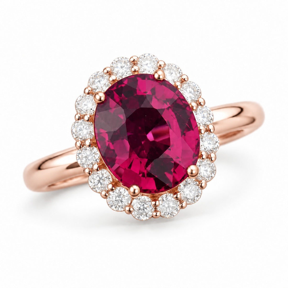 Oval Lab Ruby Diamond Halo Ring — 8x10mm in rose gold