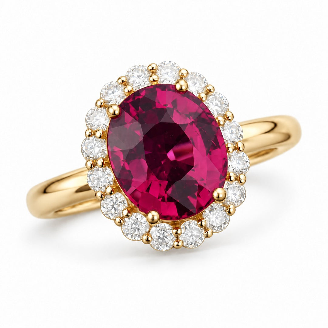 Oval Lab Ruby Diamond Halo Ring — 8x10mm in yellow gold