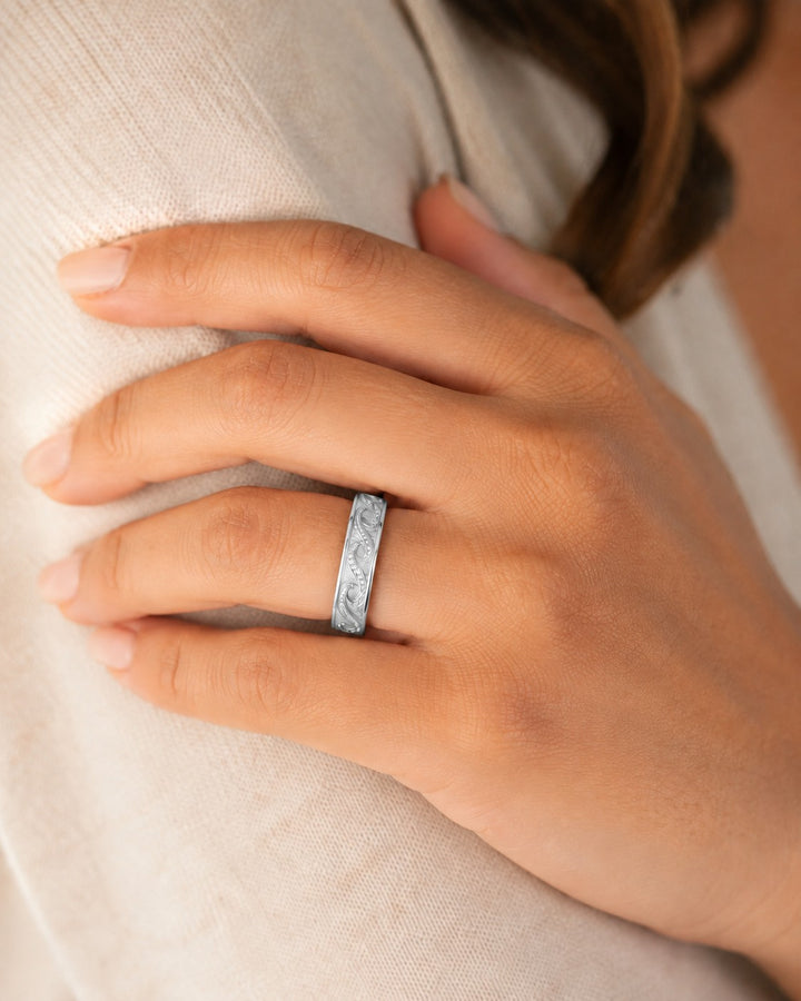 The Ocean Wave Vintage — 4mm Hand-Carved Diamond Wedding Band in white gold, wearing