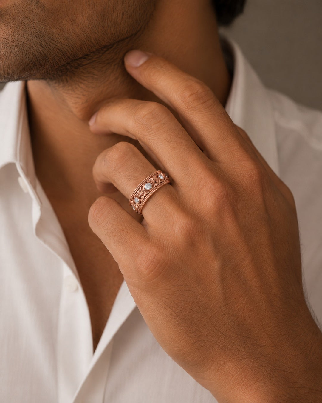 Hand-Carved Diamond Vintage Solid Gold Band (6mm) in rose gold, wearing