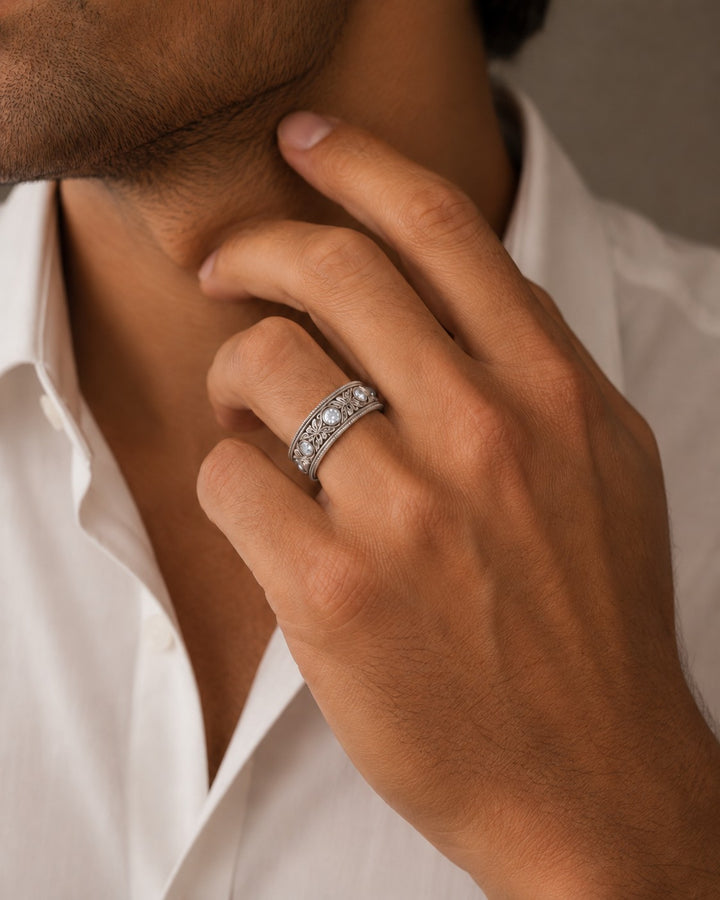 Hand-Carved Diamond Vintage Solid Gold Band (6mm) in white gold, wearing