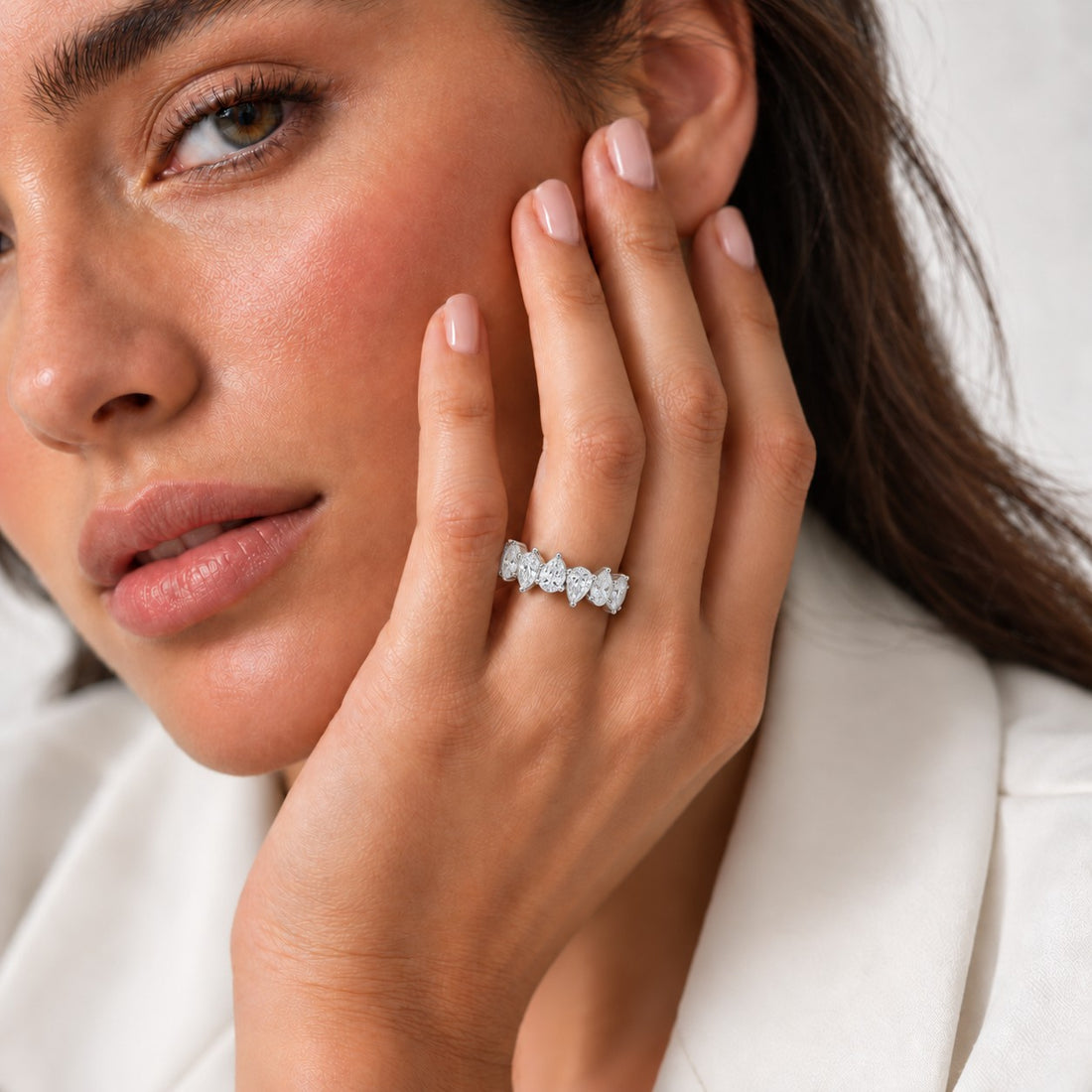 Interlocking Pear Lab Diamond Eternity Band (4mm, 3.00ctw) in white gold, wearing