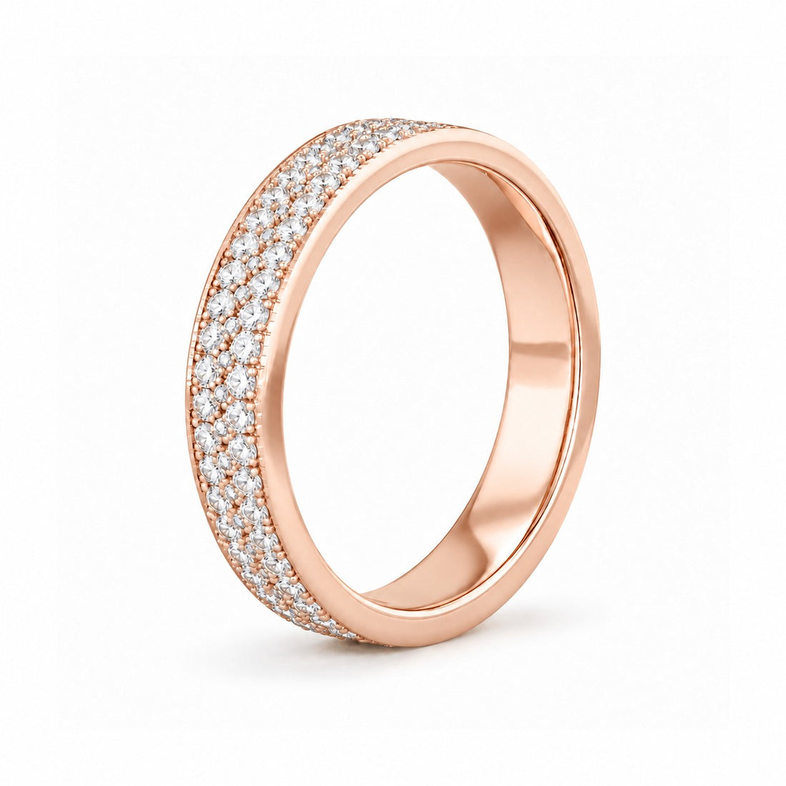 5mm Triple-Row Pavé Diamond Band in rose gold, angled view