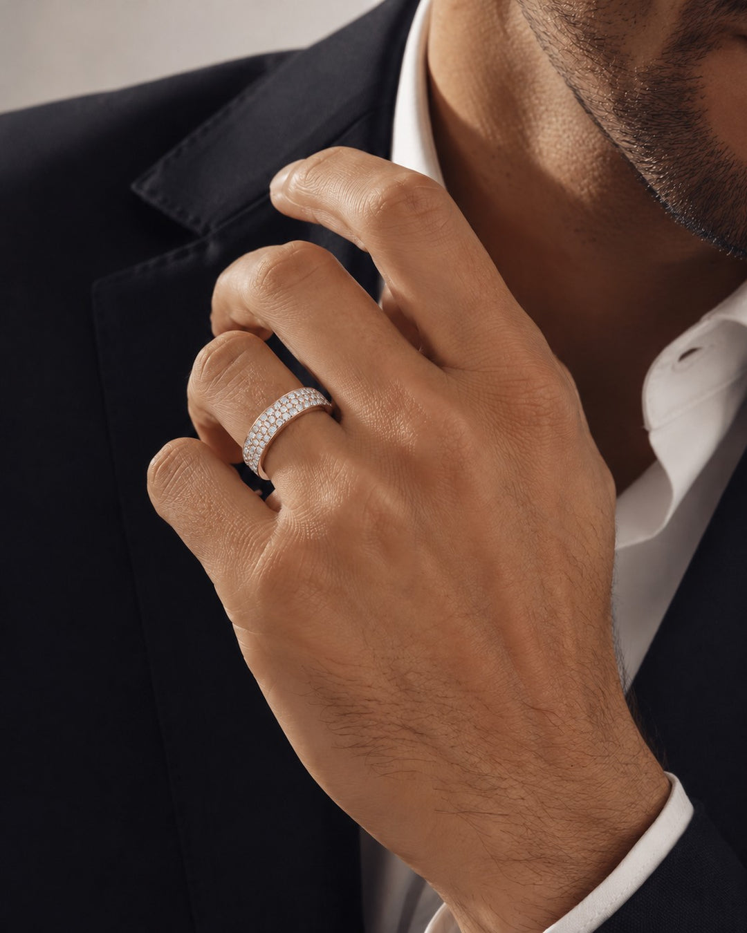 5mm Triple-Row Pavé Diamond Band in rose gold, wearing
