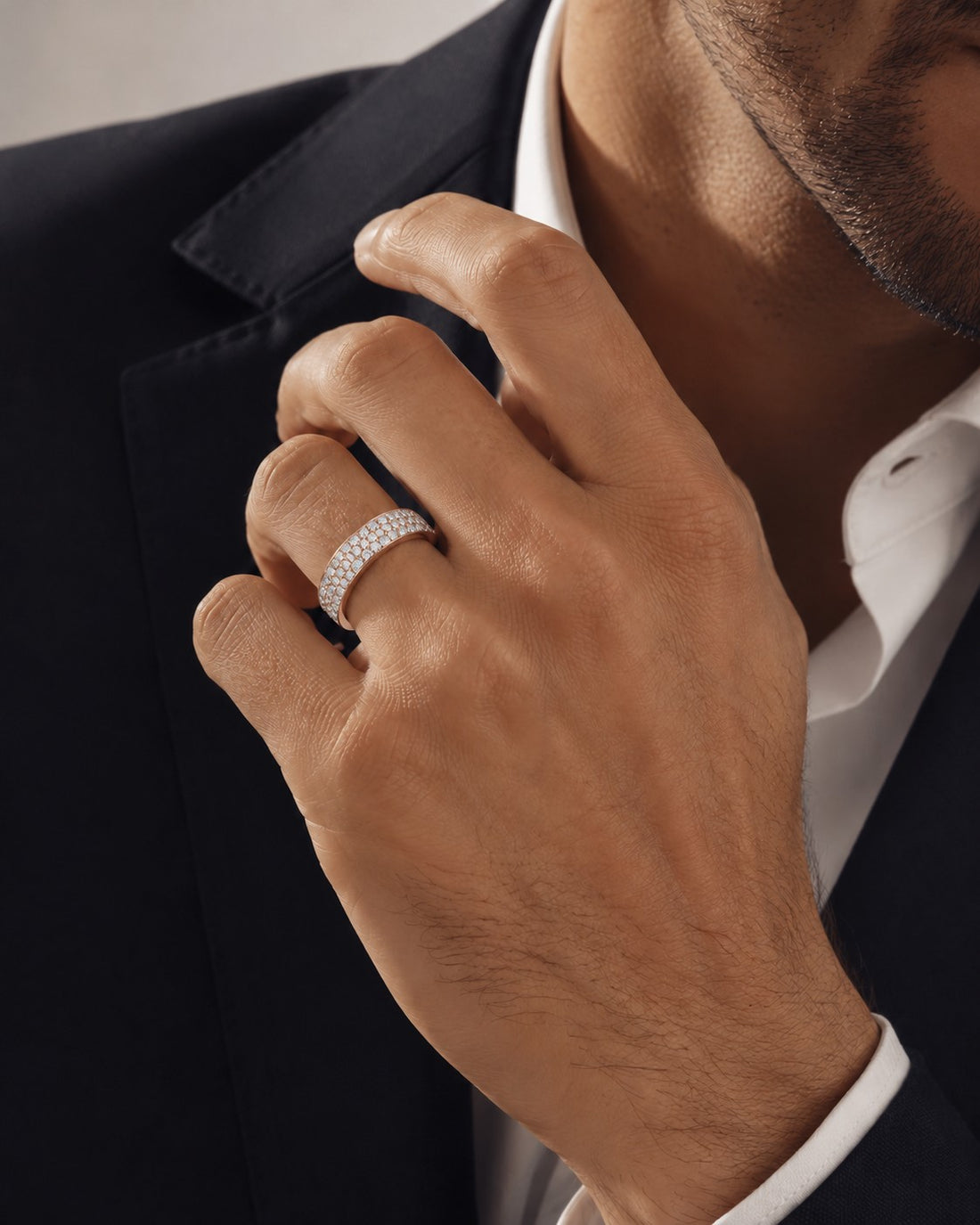 5mm Triple-Row Pavé Diamond Band in rose gold, wearing