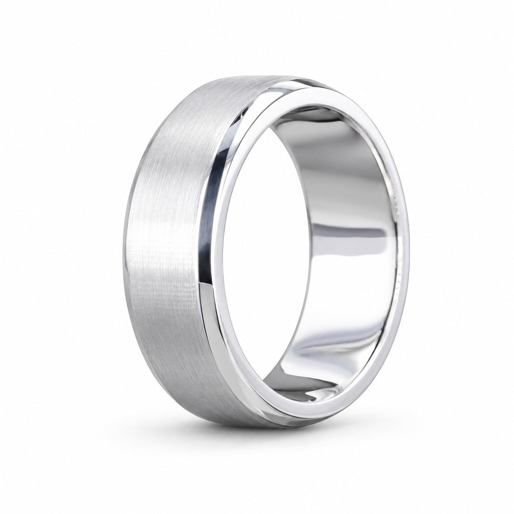 Brushed Beveled Wedding Band in Platinum (6mm), angled view