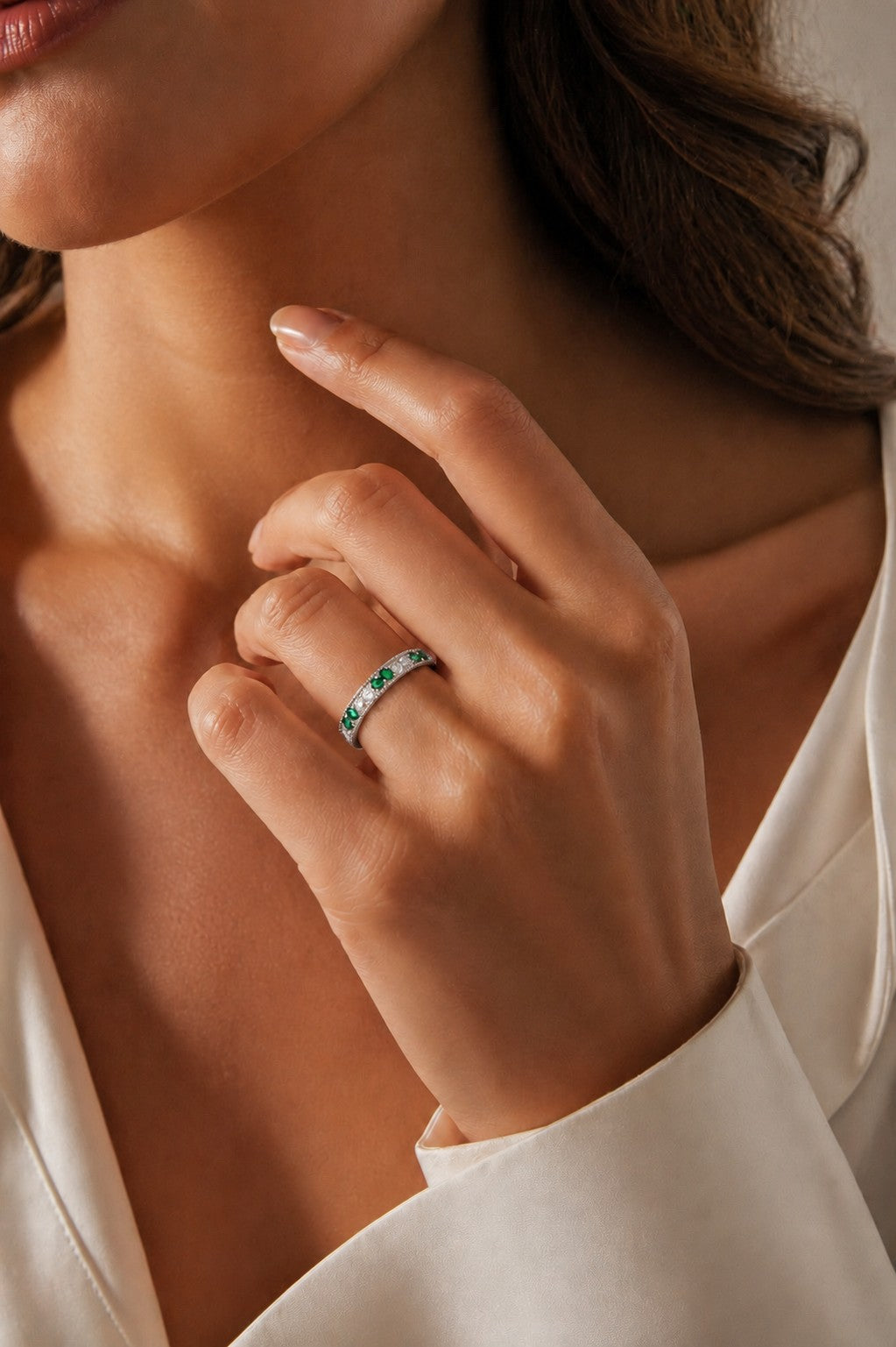 Colombian Emerald & Diamond Eternity Vintage Band (2.5mm, 1.00ctw) in white gold, wearing