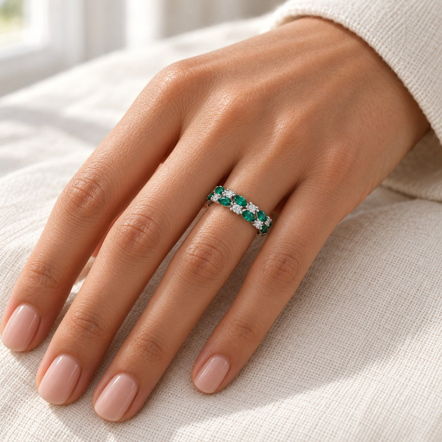 Zambian Marquise Emerald & Round Diamond Eternity Band (4mm, 1.30ctw)