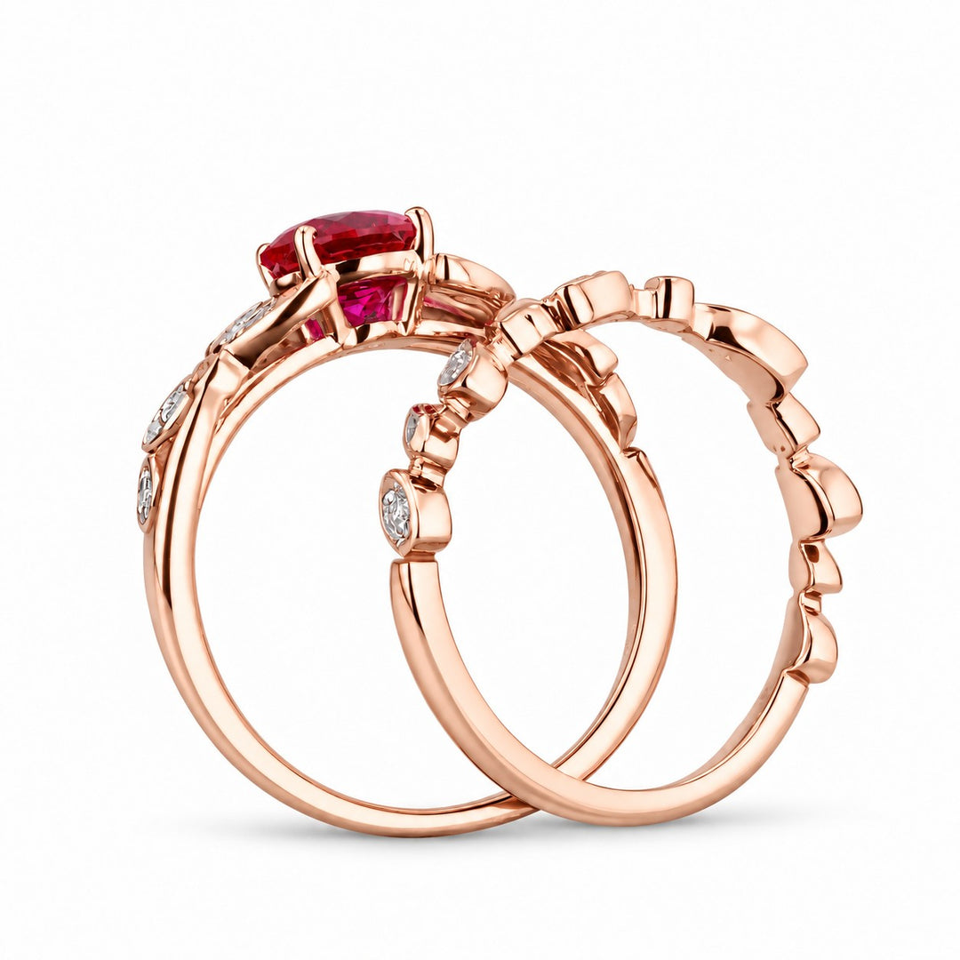 Round Lab Ruby Floral Ring & Stacking Band Set — 1.00ct in rose gold, profile view