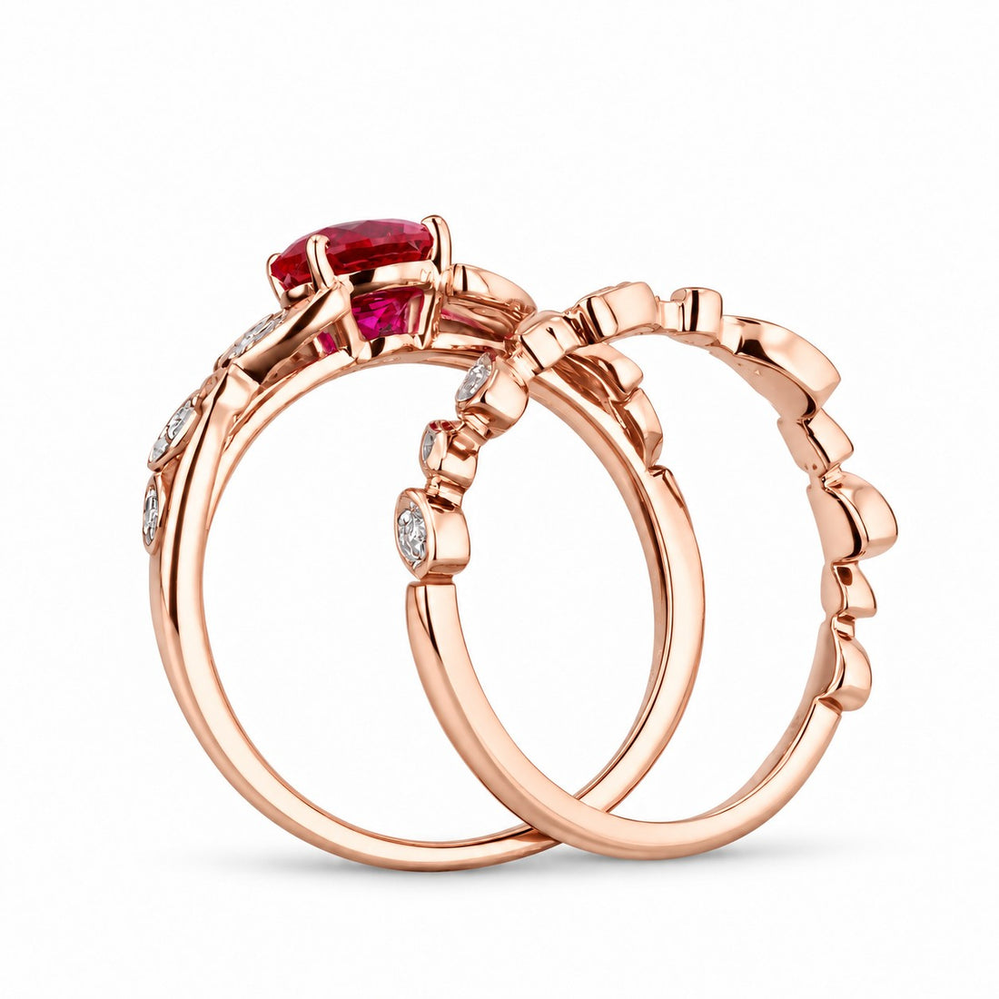 Round Lab Ruby Floral Ring & Stacking Band Set — 1.00ct in rose gold, profile view