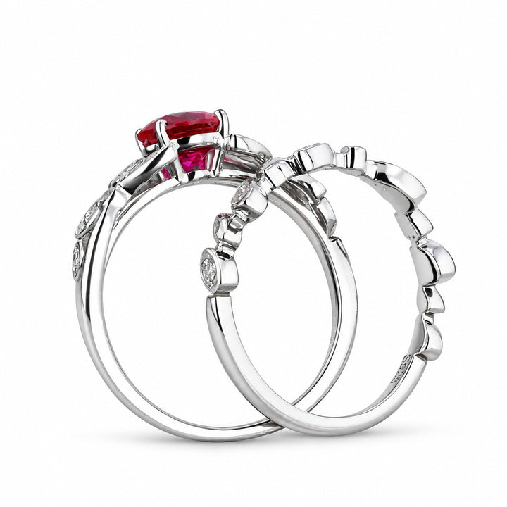 Round Lab Ruby Floral Ring & Stacking Band Set — 1.00ct in white gold, profile view