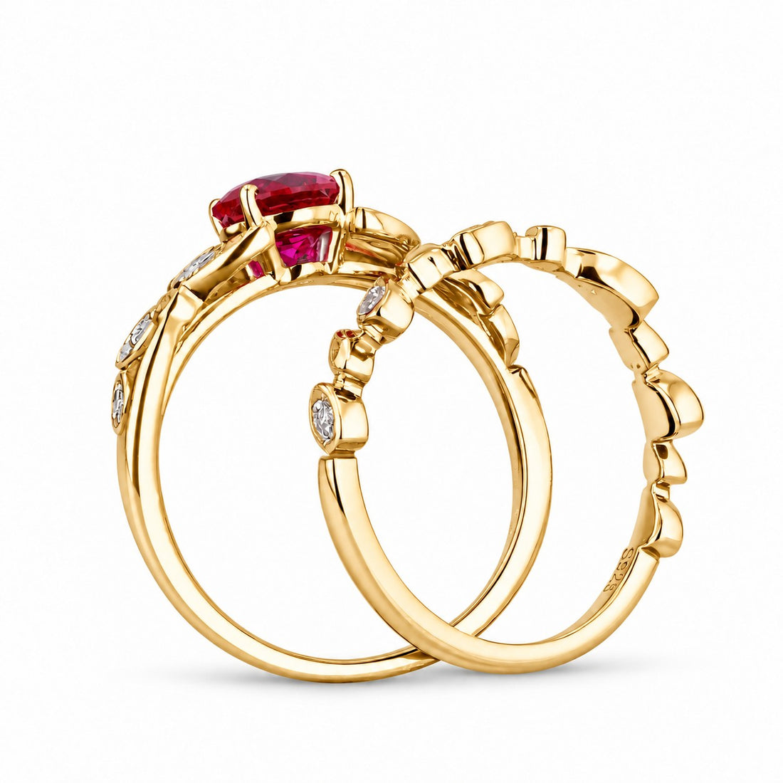 Round Lab Ruby Floral Ring & Stacking Band Set — 1.00ct in yellow gold, profile view