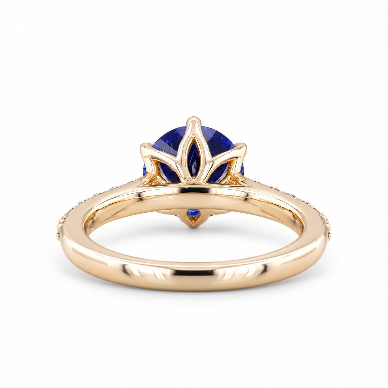The Bluebell — Blue Round Sapphire with Floral Prongs & Diamond Half-Eternity Ring, From the side