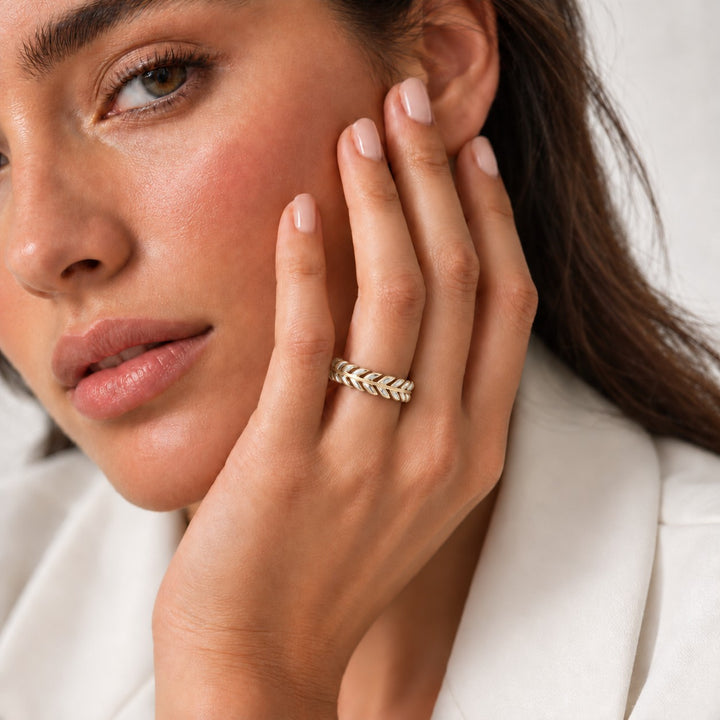 The Laurel — 3.5mm Solid Gold/Platinum Wedding Band in yellow gold, wearing