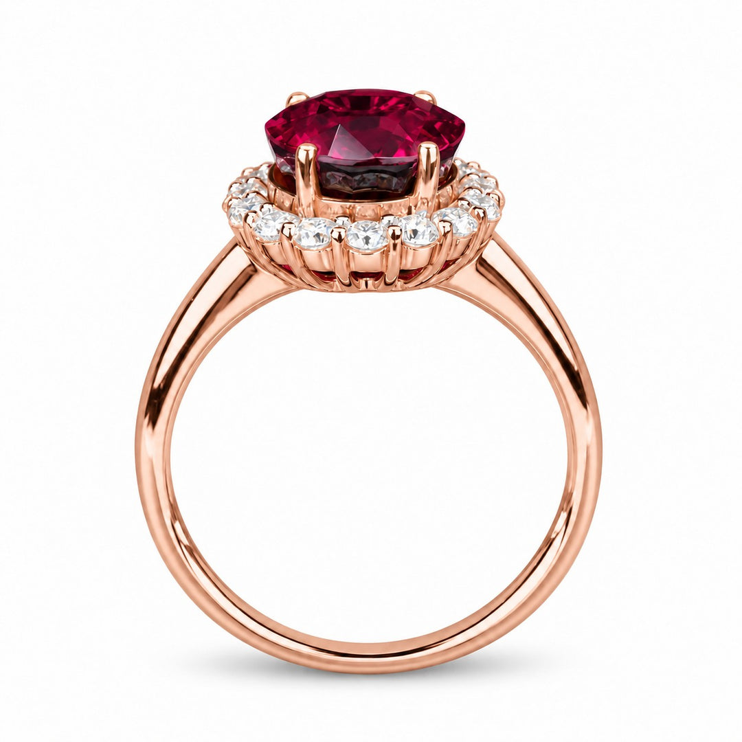 Oval Lab Ruby Diamond Halo Ring — 8x10mm in rose gold, profile view